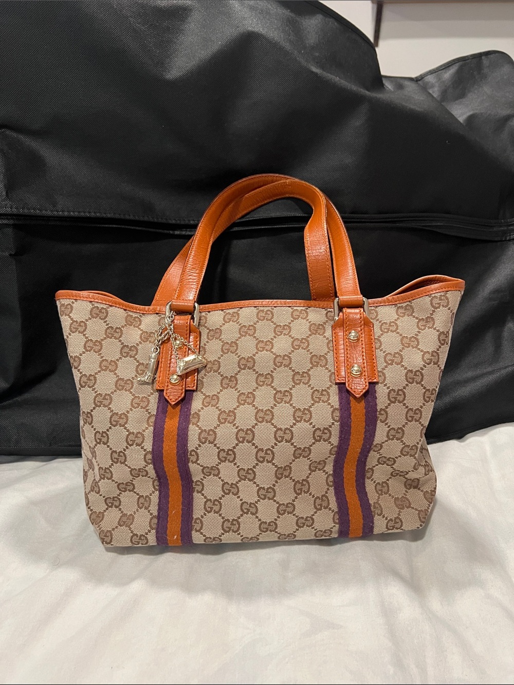 Gucci Beige GG Canvas Tote with Orange Leather Handles and Purple/Orange Stripes